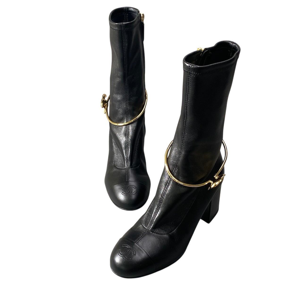 Chanel Cruise CC Logo Metal Ring Leather Boots Black 36.5 — view 5