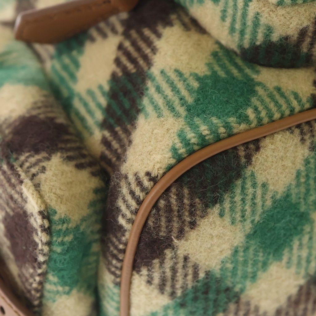 Miu Miu Plaid and Leather Backpack Tartan Check Wool Green Beige — view 5