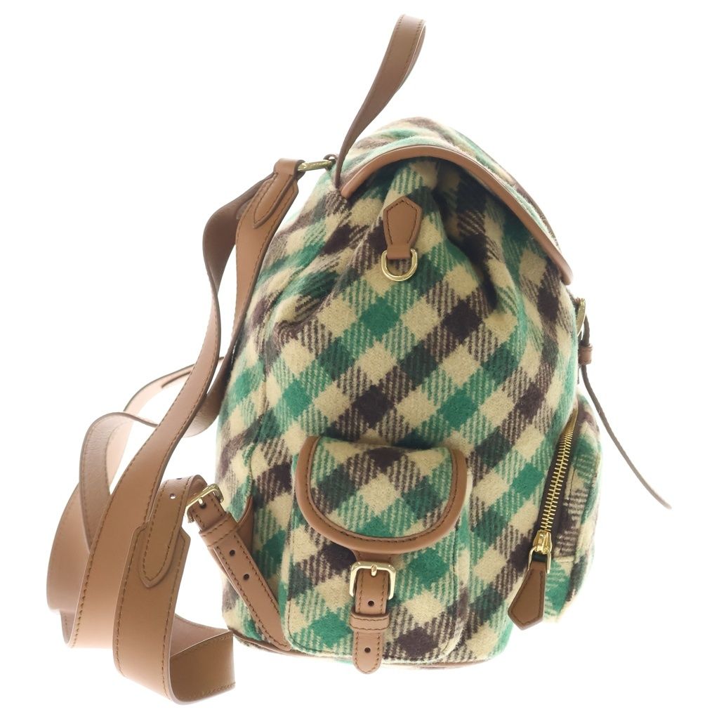 Miu Miu Plaid and Leather Backpack Tartan Check Wool Green Beige — view 3