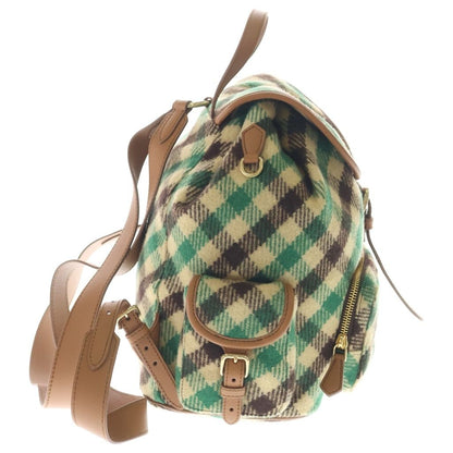 Miu Miu Plaid and Leather Backpack Tartan Check Wool Green Beige — view 3