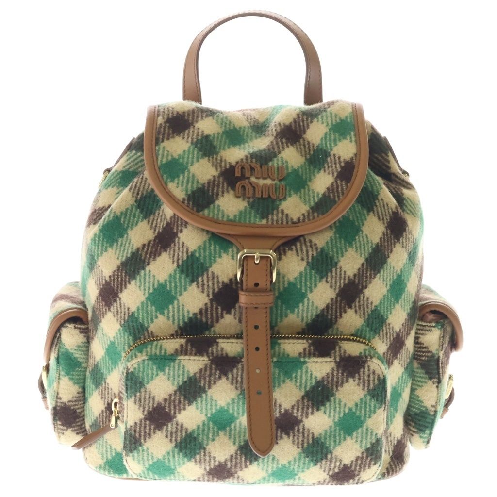 Miu Miu Plaid and Leather Backpack Tartan Check Wool Green Beige