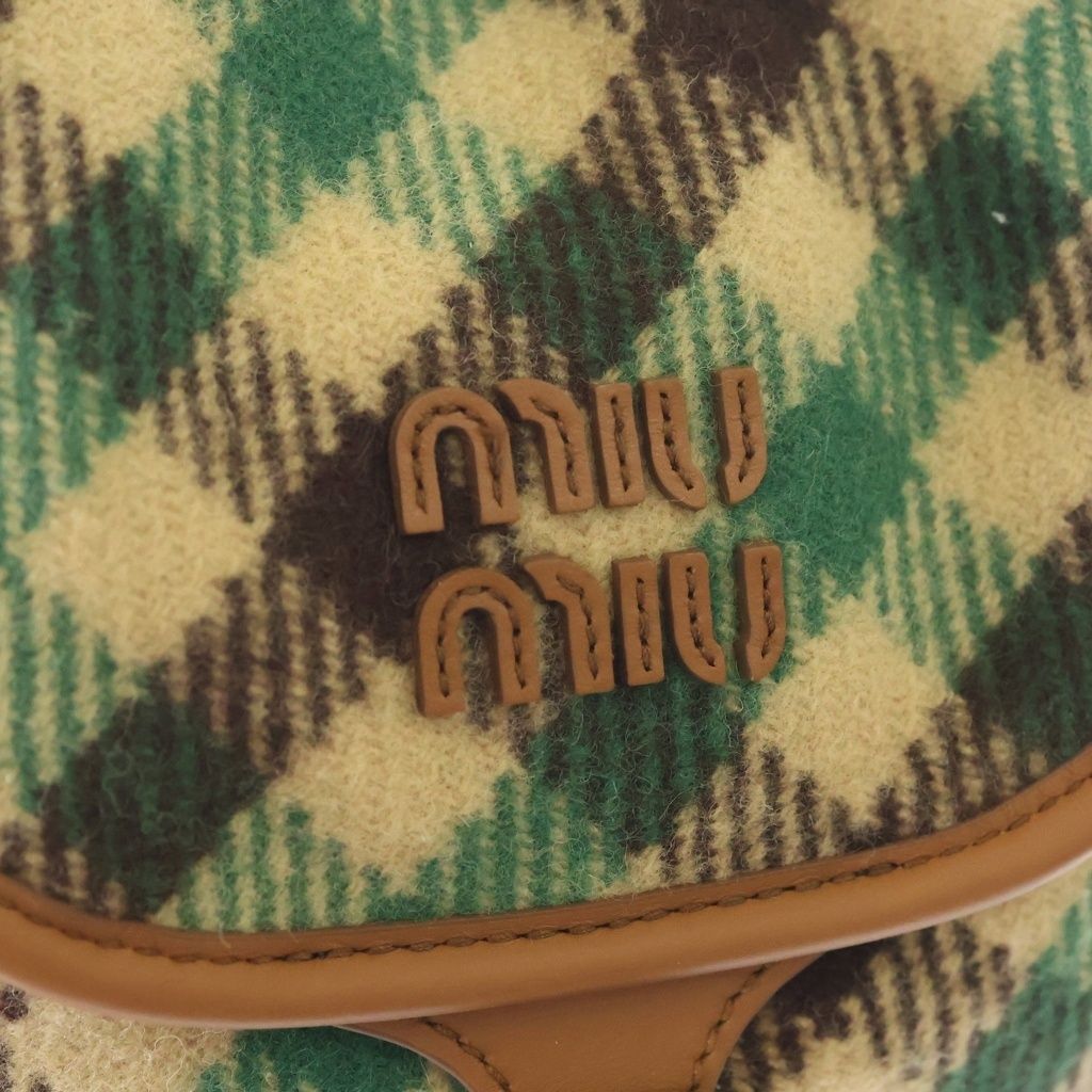 Miu Miu Plaid and Leather Backpack Tartan Check Wool Green Beige — view 6