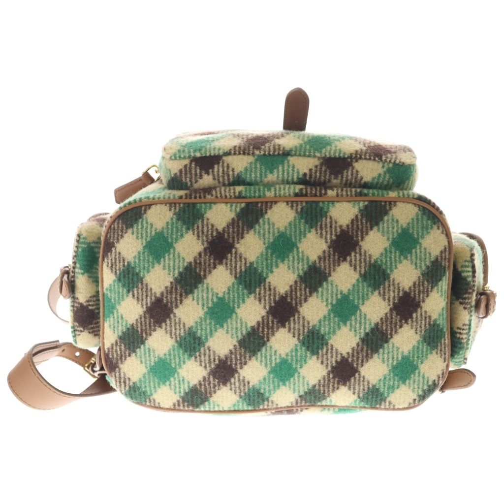 Miu Miu Plaid and Leather Backpack Tartan Check Wool Green Beige — view 4