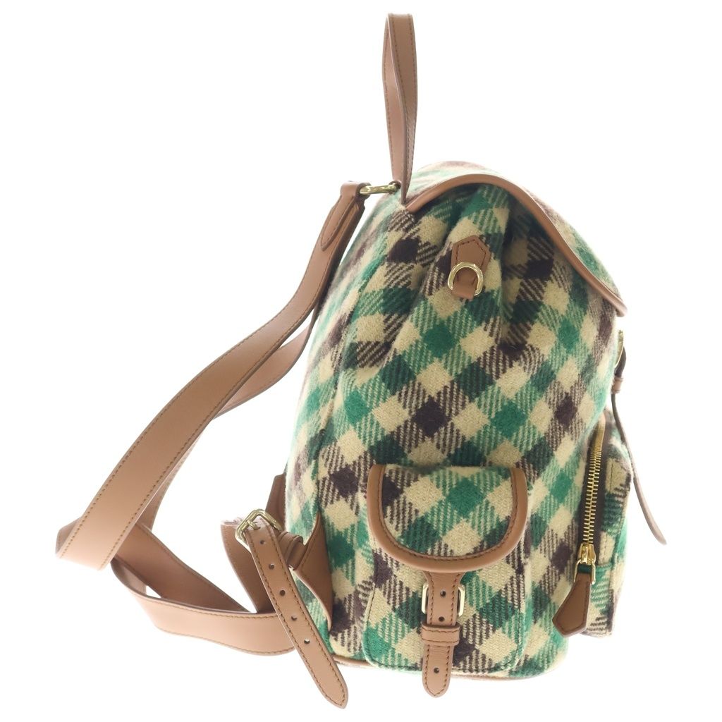Miu Miu Plaid and Leather Backpack Tartan Check Wool Green Beige — view 3