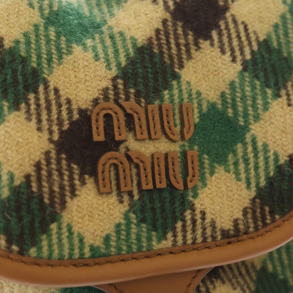 Miu Miu Plaid and Leather Backpack Tartan Check Wool Green Beige — view 6