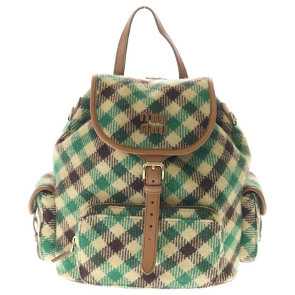Miu Miu Plaid and Leather Backpack Tartan Check Wool Green Beige