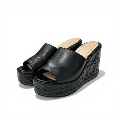 Dior Attitude Sandals Shoes Leather Black Gold Cannage Logo Wedge Sole