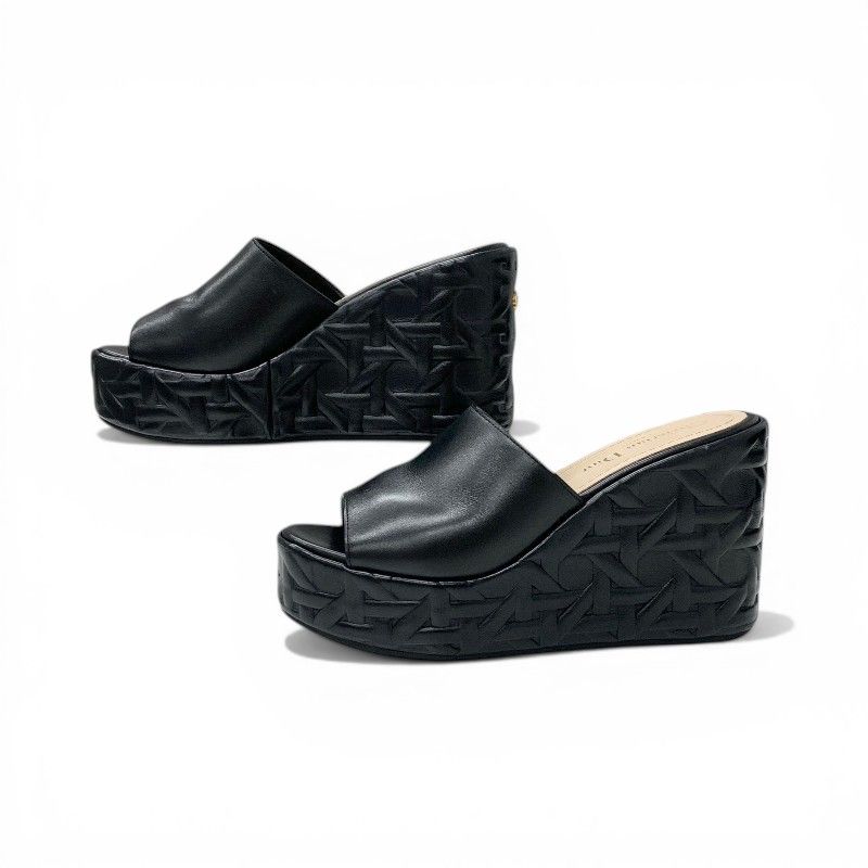 Dior Attitude Sandals Shoes Leather Black Gold Cannage Logo Wedge Sole — view 3