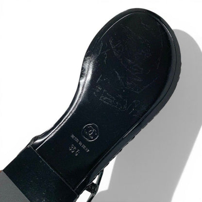Chanel Sandals Shoes Leather Tweed Black Gold CC Logo Chain Strap Thong — view 8