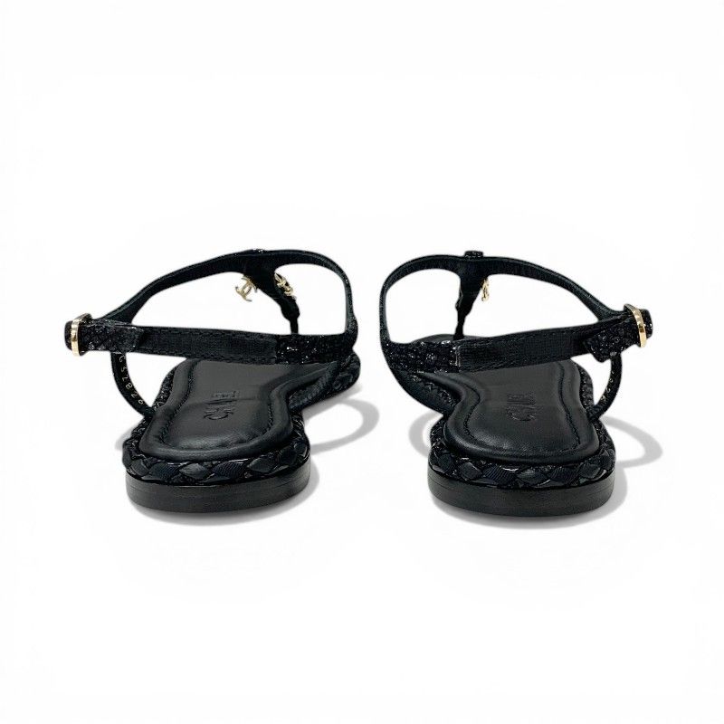 Chanel Sandals Shoes Leather Tweed Black Gold CC Logo Chain Strap Thong — view 5