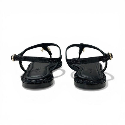 Chanel Sandals Shoes Leather Tweed Black Gold CC Logo Chain Strap Thong — view 5