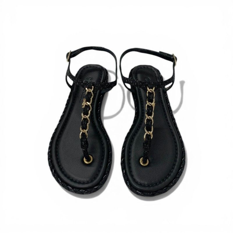 Chanel Sandals Shoes Leather Tweed Black Gold CC Logo Chain Strap Thong — view 2