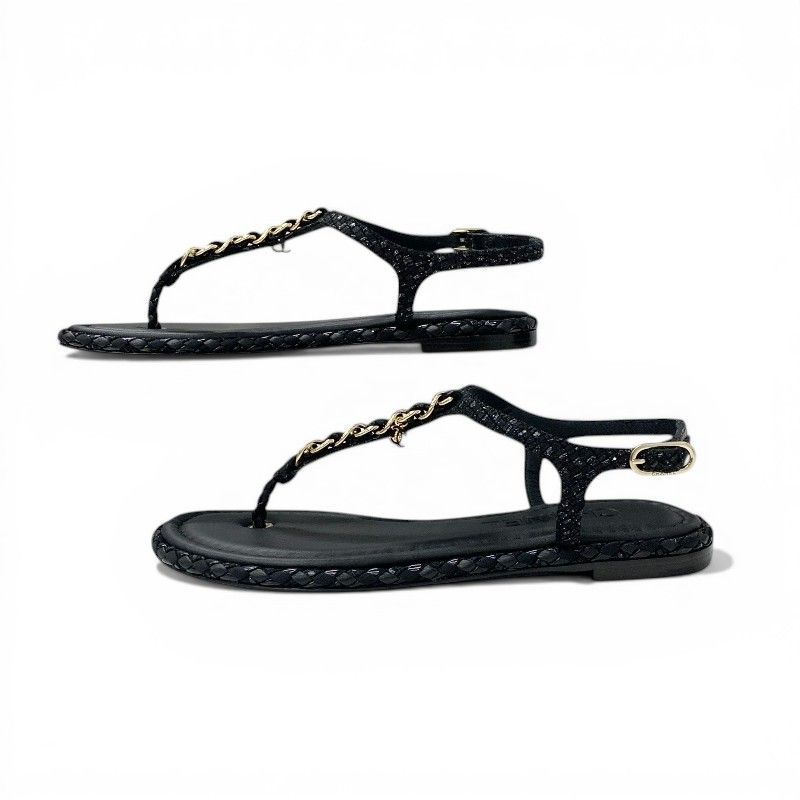 Chanel Sandals Shoes Leather Tweed Black Gold CC Logo Chain Strap Thong — view 3
