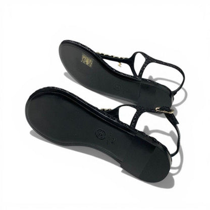 Chanel Sandals Shoes Leather Tweed Black Gold CC Logo Chain Strap Thong — view 6