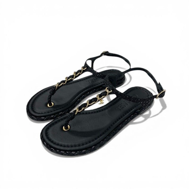 Chanel Sandals Shoes Leather Tweed Black Gold CC Logo Chain Strap Thong