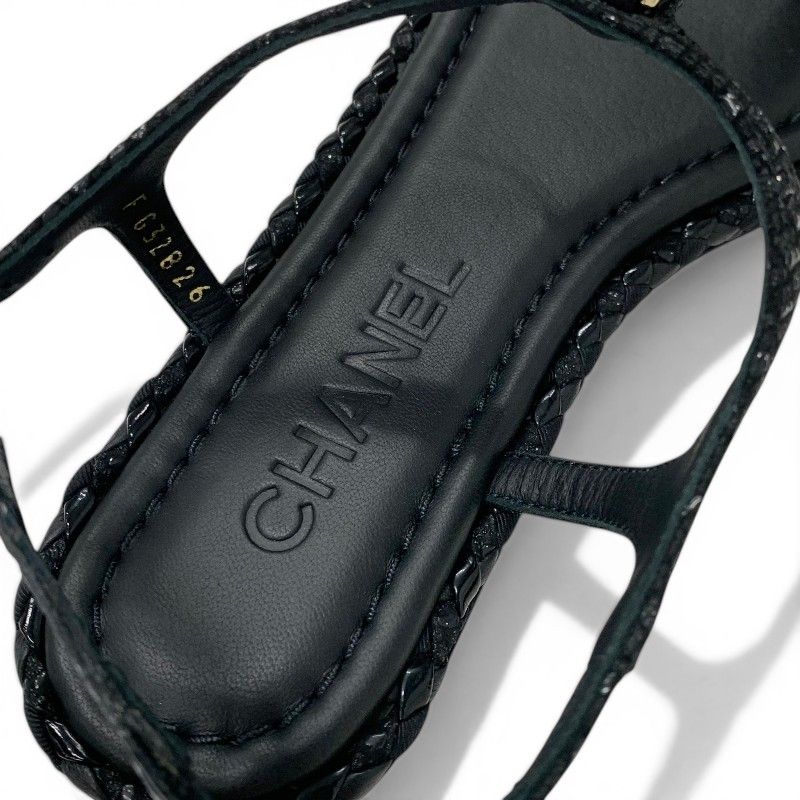 Chanel Sandals Shoes Leather Tweed Black Gold CC Logo Chain Strap Thong — view 7
