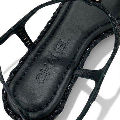 Chanel Sandals Shoes Leather Tweed Black Gold CC Logo Chain Strap Thong — view 7