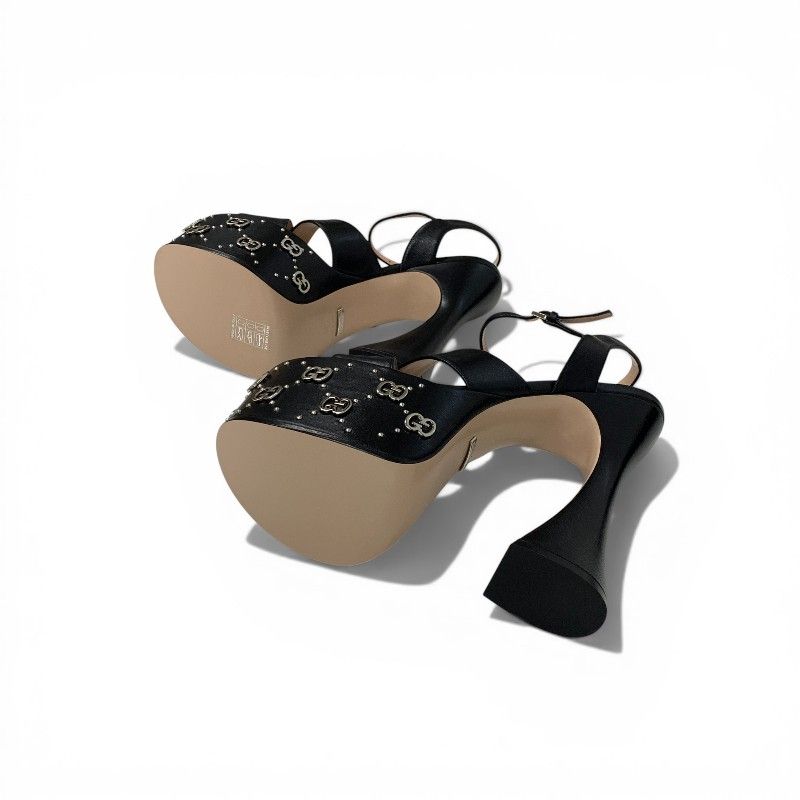 Gucci Sandals Shoes Leather Black Silver Strap Double Studs Platform — view 6