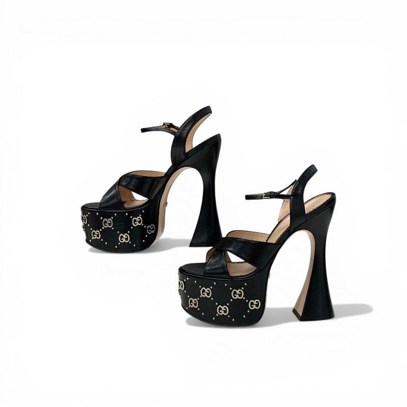 Gucci Sandals Shoes Leather Black Silver Strap Double Studs Platform — view 3