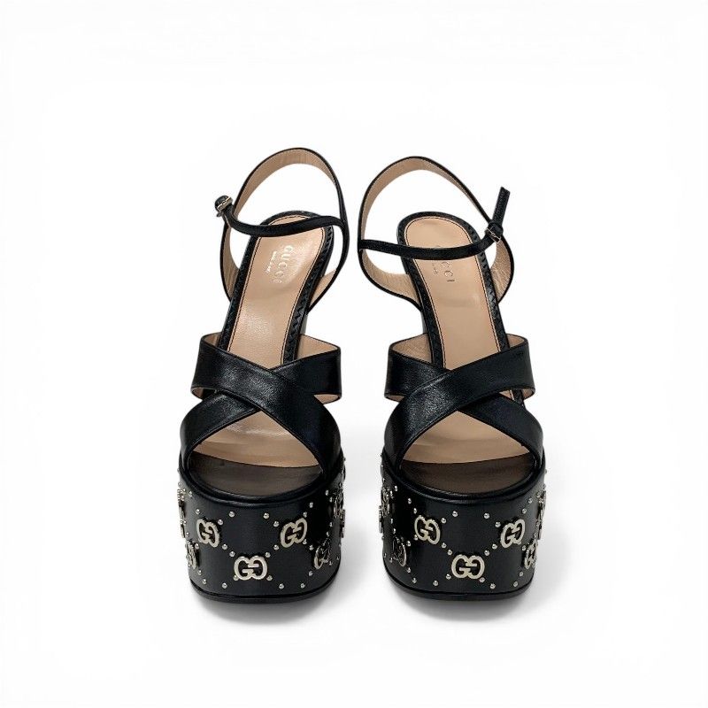 Gucci Sandals Shoes Leather Black Silver Strap Double Studs Platform — view 2