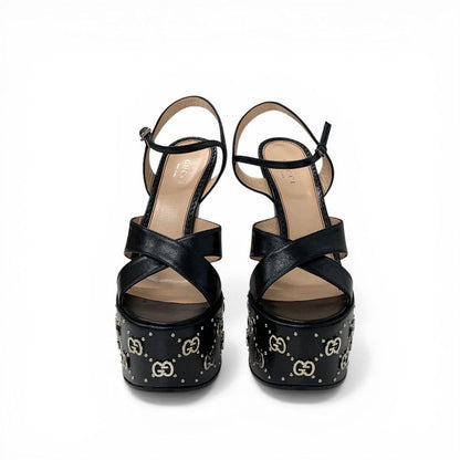 Gucci Sandals Shoes Leather Black Silver Strap Double Studs Platform — view 2