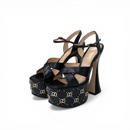 Gucci Sandals Shoes Leather Black Silver Strap Double Studs Platform