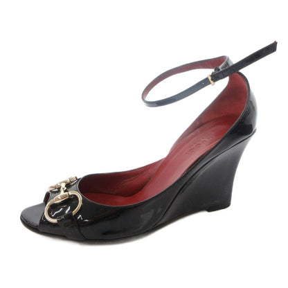 Gucci Pumps Horsebit Open Toe Wedge Sole Patent Strap Black Heel 36 — view 2