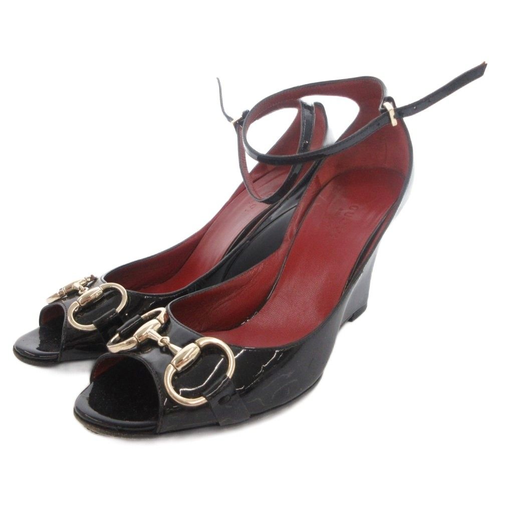 Gucci Pumps Horsebit Open Toe Wedge Sole Patent Strap Black Heel 36