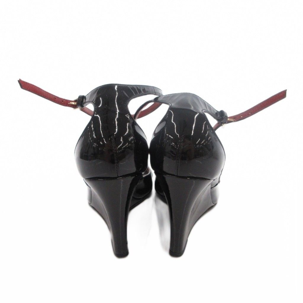 Gucci Pumps Horsebit Open Toe Wedge Sole Patent Strap Black Heel 36 — view 5