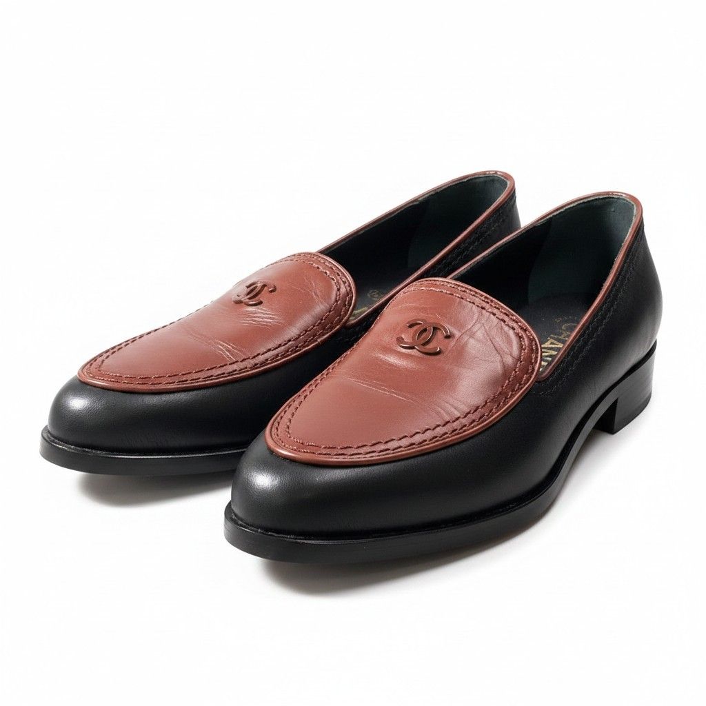 Chanel CC Logo Loafers c Brown Black Leather Female 36