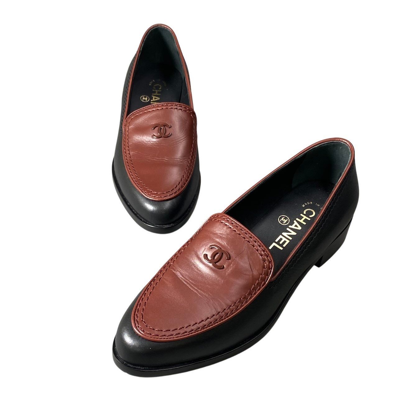 Chanel CC Logo Loafers c Brown Black Leather Female 36 — view 5