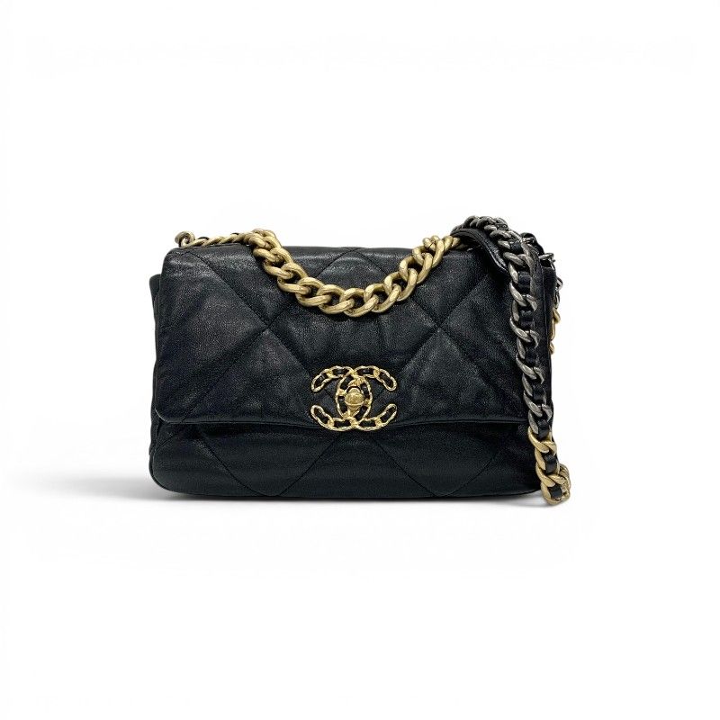 Chanel 19 Shoulder Bag Black Gold Silver CC Logo Turnlock Chain