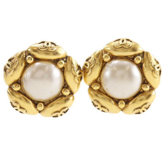Chanel 94A CC Logo Flower Vintage Gold Plated Faux Pearl Earrings
