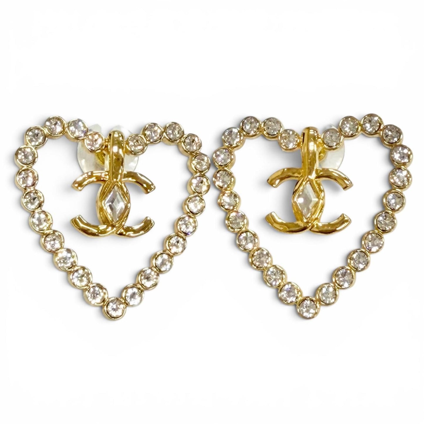 Chanel 23c CC Logo Heart Crystal Rhinestone Earrings Gold