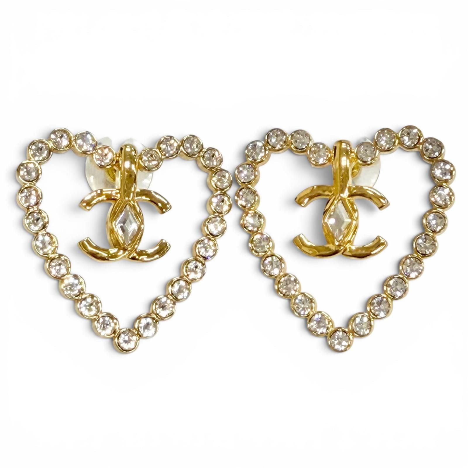 Chanel 23c CC Logo Heart Crystal Rhinestone Earrings Gold