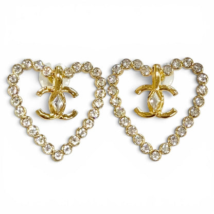 Chanel 23c CC Logo Heart Crystal Rhinestone Earrings Gold