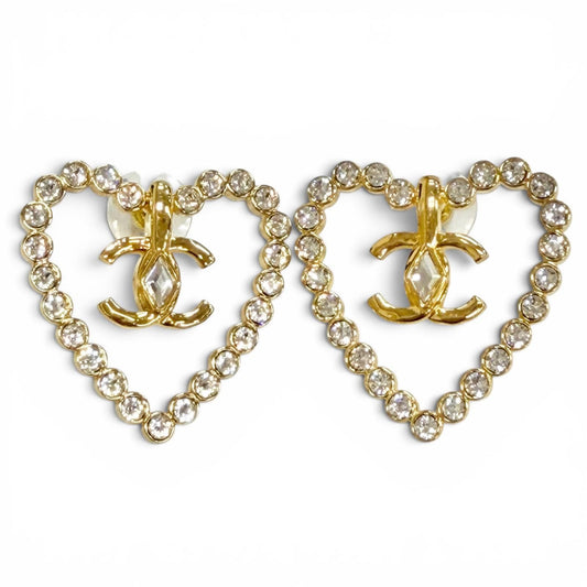 Chanel 23c CC Logo Heart Crystal Rhinestone Earrings Gold