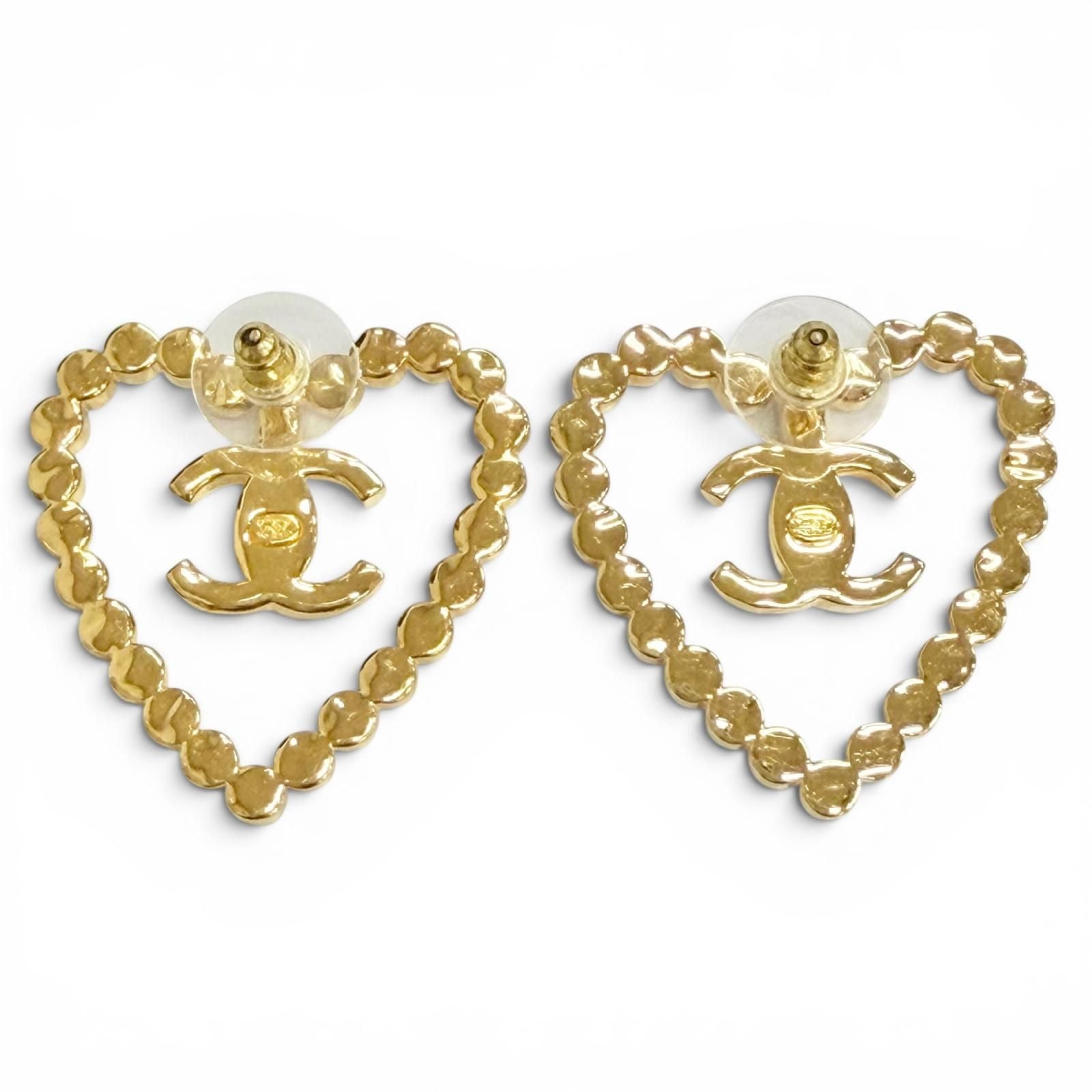 Chanel 23c CC Logo Heart Crystal Rhinestone Earrings Gold — view 3
