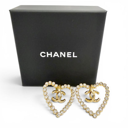 Chanel 23c CC Logo Heart Crystal Rhinestone Earrings Gold — view 2