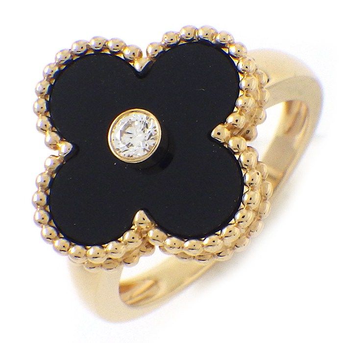 Van Cleef & Arpels Ring Vintage Alhambra Onyx Point Diamond 18K Yellow Gold