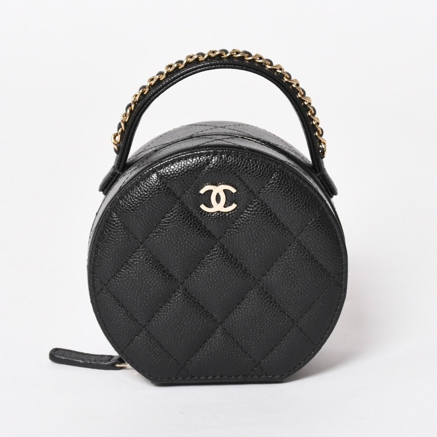 Chanel Small Round Vanity Bag Handbag Stand CC Logo Caviar Leather Black