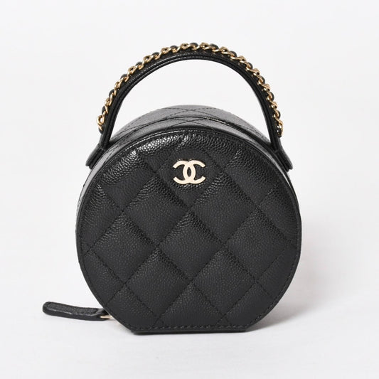 Chanel Small Round Vanity Bag Handbag Stand CC Logo Caviar Leather Black