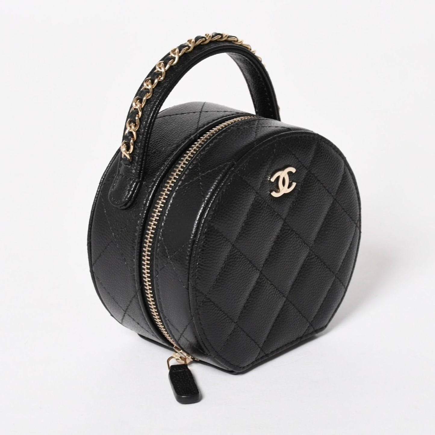 Chanel Small Round Vanity Bag Handbag Stand CC Logo Caviar Leather Black — view 3