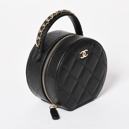 Chanel Small Round Vanity Bag Handbag Stand CC Logo Caviar Leather Black — view 3