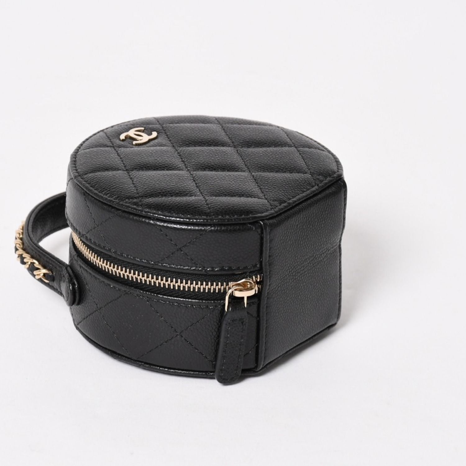 Chanel Small Round Vanity Bag Handbag Stand CC Logo Caviar Leather Black — view 8