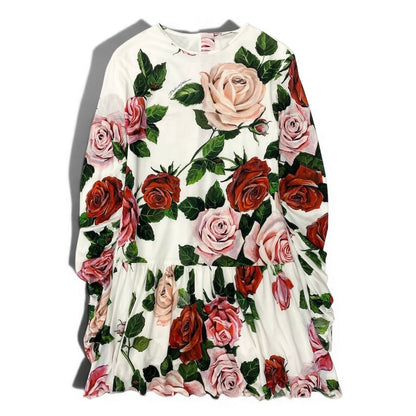Dolce & Gabbana Flower Print Dress Flare Rose Pattern 9 10 White Kids Girls — view 2