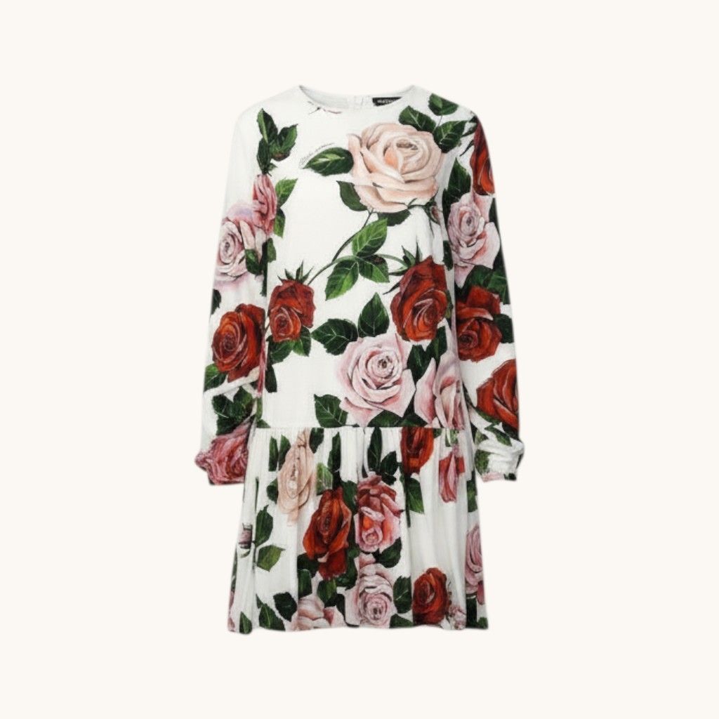 Dolce & Gabbana Flower Print Dress Flare Rose Pattern 9 10 White Kids Girls