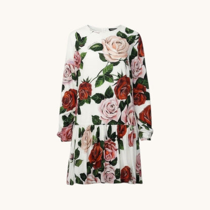 Dolce & Gabbana Flower Print Dress Flare Rose Pattern 9 10 White Kids Girls