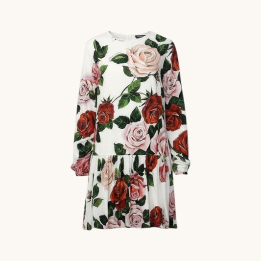 Dolce & Gabbana Flower Print Dress Flare Rose Pattern 9 10 White Kids Girls