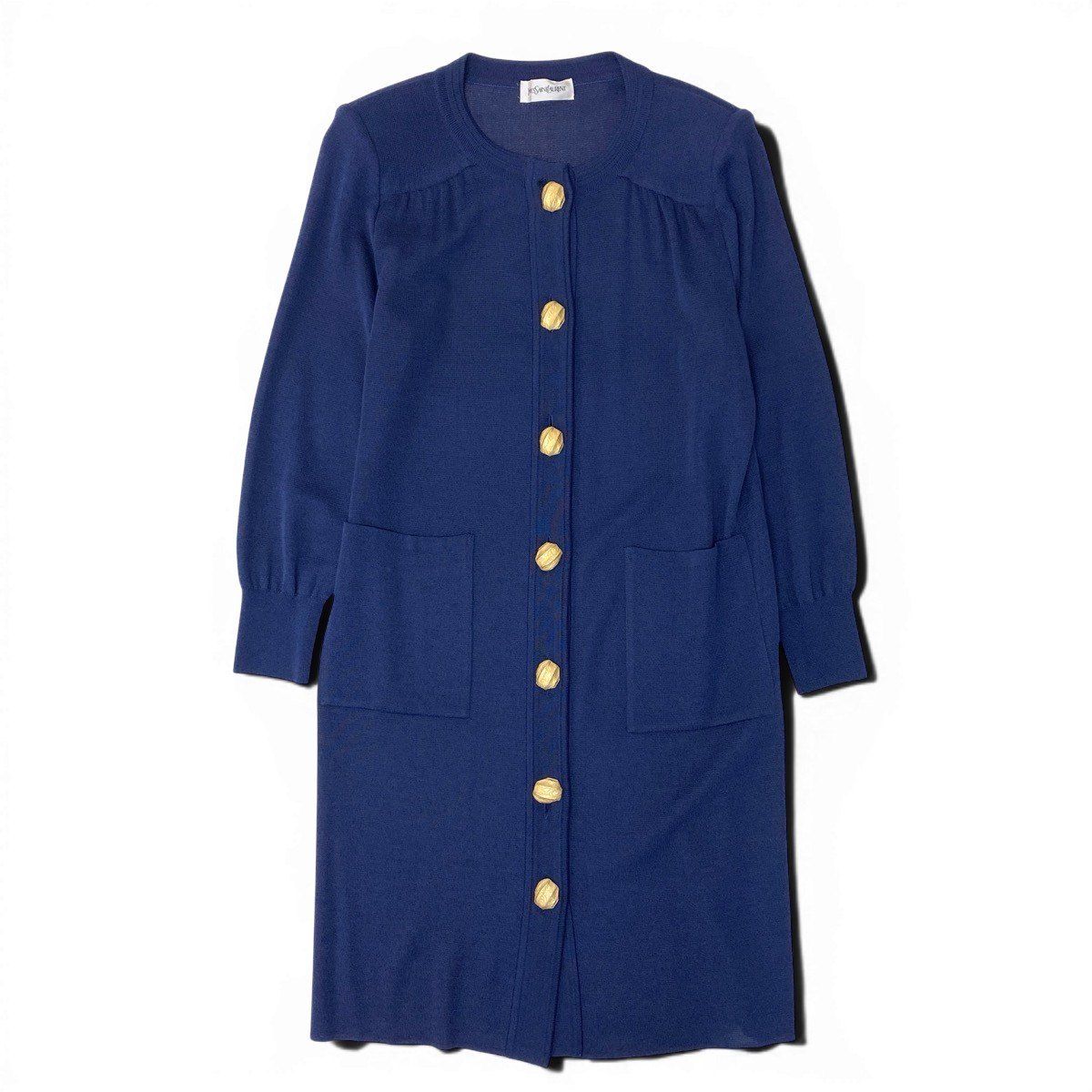 Saint Laurent Knit Coat Long Cardigan Gold Button M Navy — view 2